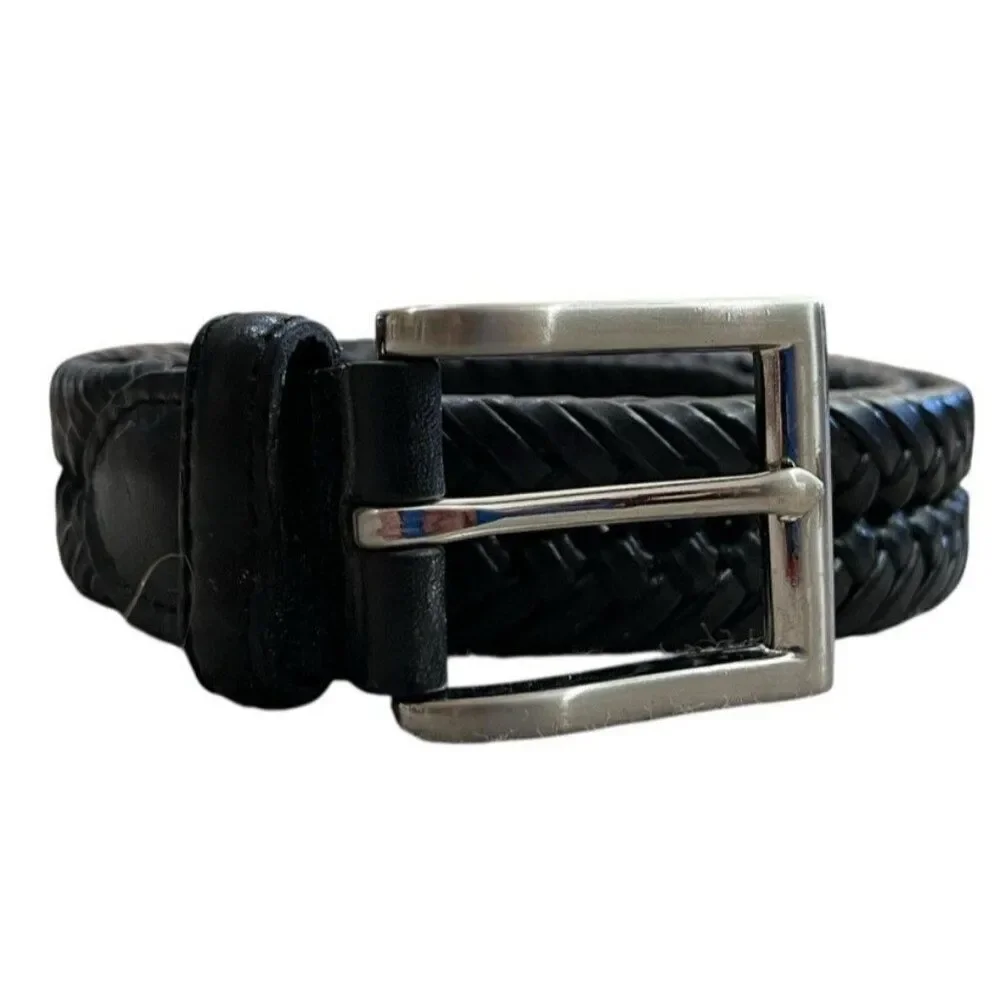 Mens Small 32 Black Braided Imitation Leather Belt Silver Tone Buckle